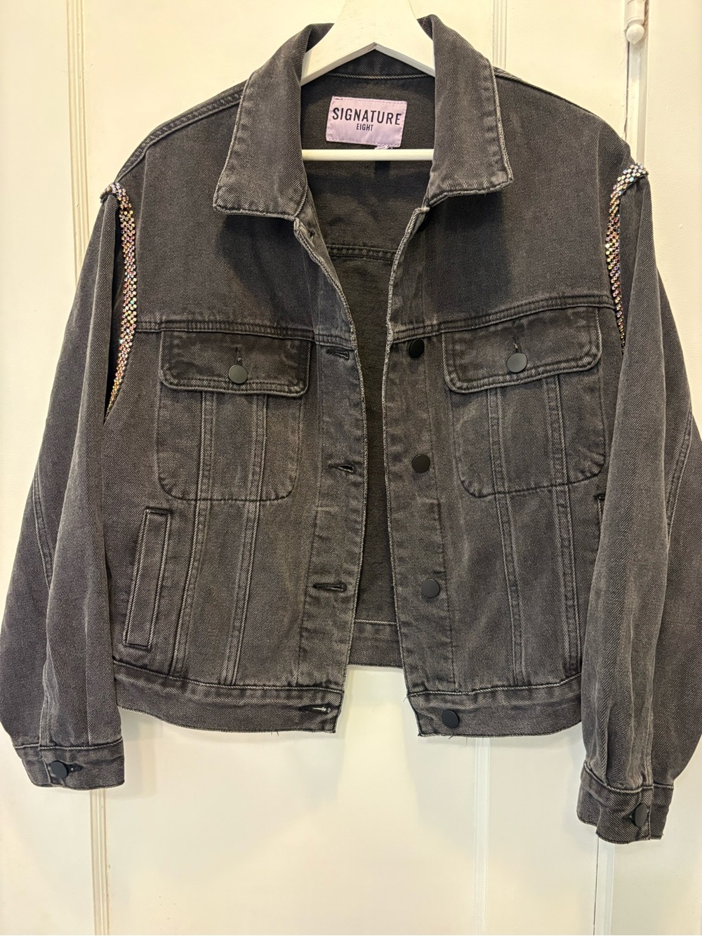 Signature Eight Black Washed Denim Jacket with Crystal Shoulder Accents